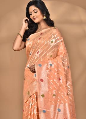 peach chanderi silk blend saree with blouse piece 1