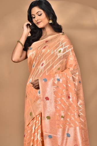 peach chanderi silk blend saree with blouse piece