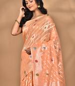 peach chanderi silk blend saree with blouse piece