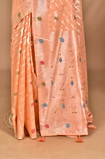 peach chanderi silk blend saree with blouse piece