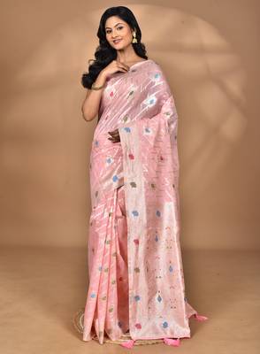 peach chanderi silk blend saree with blouse piece 3