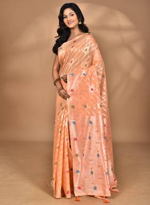 peach chanderi silk blend saree with blouse piece 4