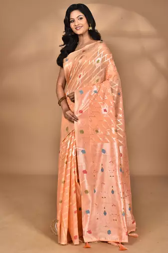 peach chanderi silk blend saree with blouse piece