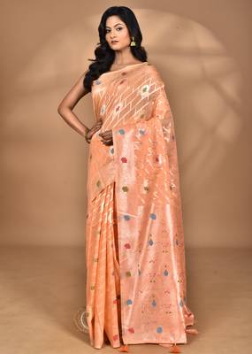 peach chanderi silk blend saree with blouse piece 5
