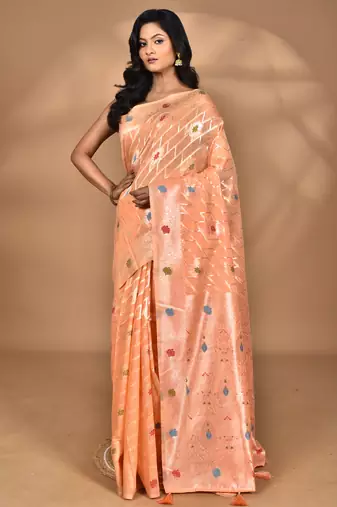 peach chanderi silk blend saree with blouse piece