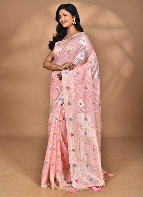 pink chanderi silk blend saree with blouse piece 1