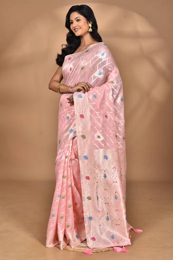 pink chanderi silk blend saree with blouse piece