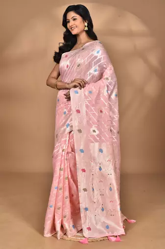pink chanderi silk blend saree with blouse piece