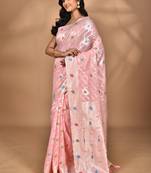 pink chanderi silk blend saree with blouse piece