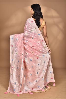 pink chanderi silk blend saree with blouse piece 3