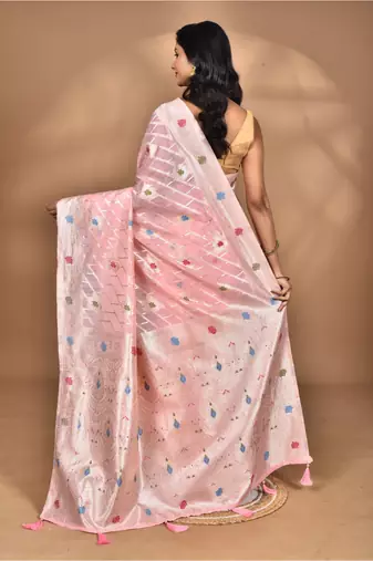 pink chanderi silk blend saree with blouse piece