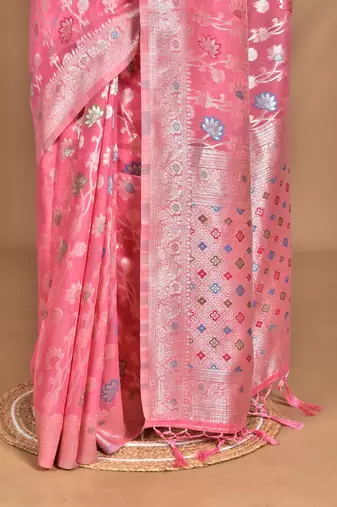 pink chanderi silk blend saree with blouse piece
