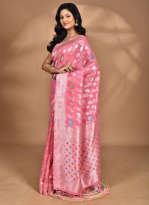 pink chanderi silk blend saree with blouse piece 3