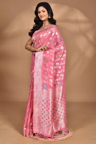 pink chanderi silk blend saree with blouse piece