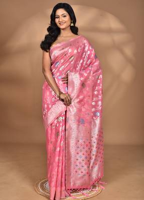 pink chanderi silk blend saree with blouse piece 4