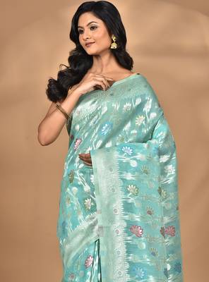 blue chanderi silk blend saree with blouse piece 1