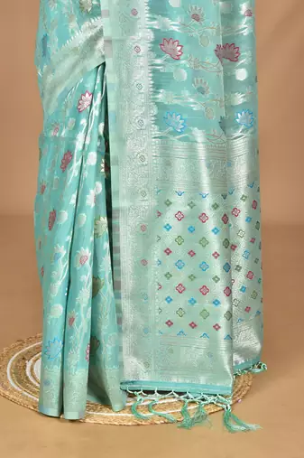 blue chanderi silk blend saree with blouse piece