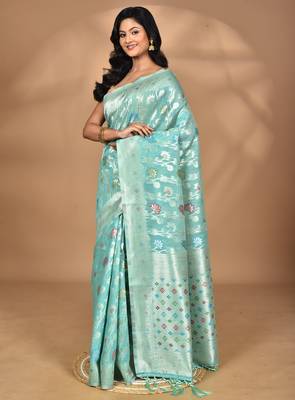 blue chanderi silk blend saree with blouse piece 3