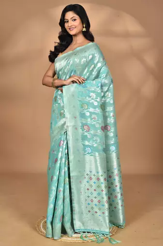 blue chanderi silk blend saree with blouse piece