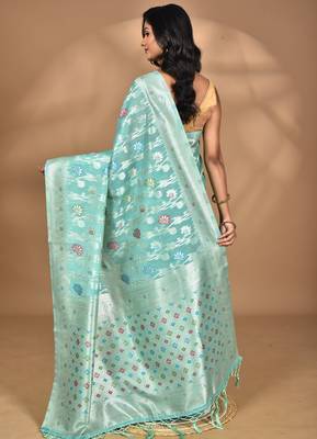 blue chanderi silk blend saree with blouse piece 4