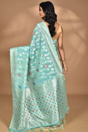 blue chanderi silk blend saree with blouse piece