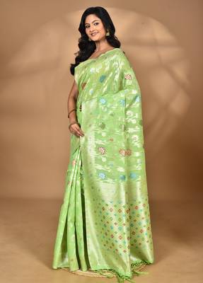 green chanderi silk blend saree with blouse piece 1