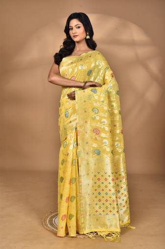 yellow chanderi silk blend saree with blouse piece