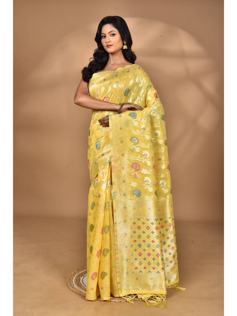 yellow chanderi silk blend saree with blouse piece
