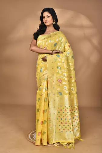 yellow chanderi silk blend saree with blouse piece