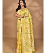 yellow chanderi silk blend saree with blouse piece