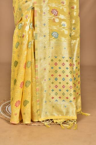 yellow chanderi silk blend saree with blouse piece