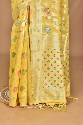 yellow chanderi silk blend saree with blouse piece