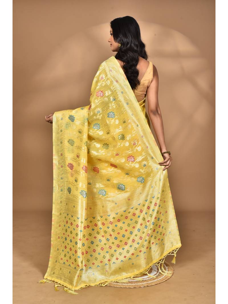 yellow chanderi silk blend saree with blouse piece