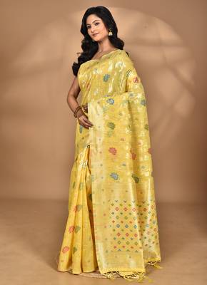 yellow chanderi silk blend saree with blouse piece 2