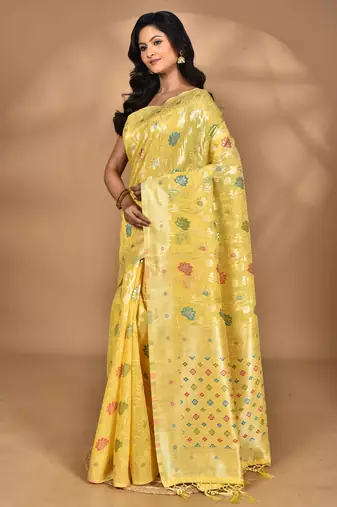 yellow chanderi silk blend saree with blouse piece