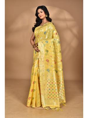 yellow chanderi silk blend saree with blouse piece 3