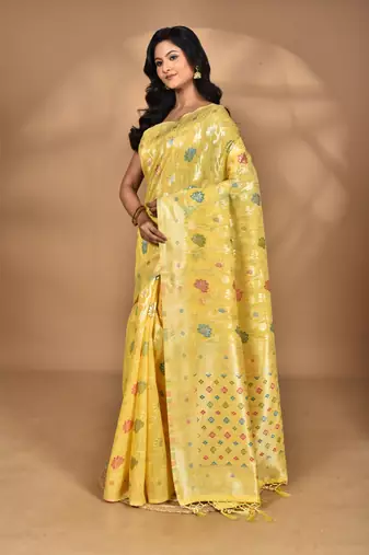 yellow chanderi silk blend saree with blouse piece