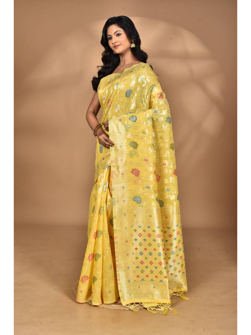 yellow chanderi silk blend saree with blouse piece