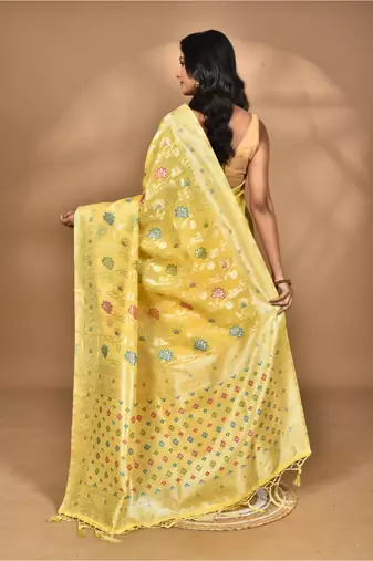 yellow chanderi silk blend saree with blouse piece