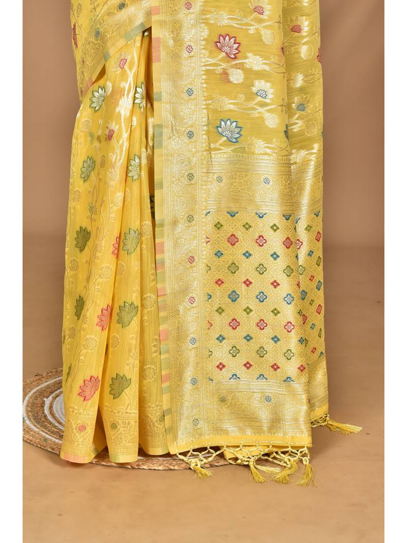 yellow chanderi silk blend saree with blouse piece