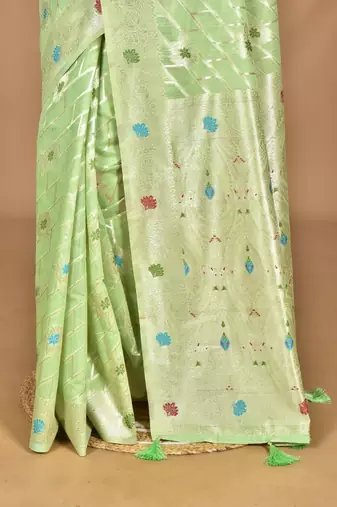 yellow chanderi silk blend saree with blouse piece