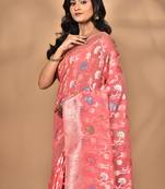 peach chanderi silk blend saree with blouse piece
