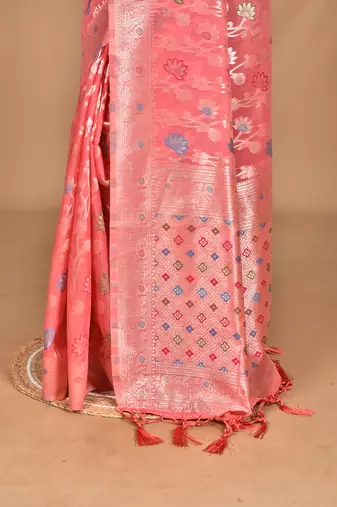 peach chanderi silk blend saree with blouse piece