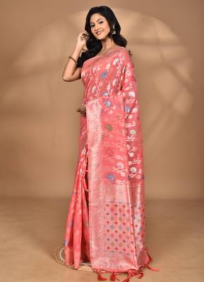 peach chanderi silk blend saree with blouse piece 3
