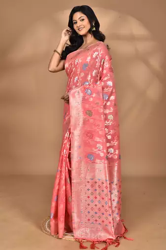 peach chanderi silk blend saree with blouse piece