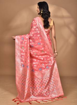 peach chanderi silk blend saree with blouse piece 4
