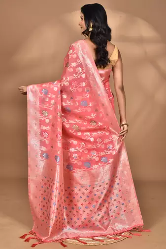 peach chanderi silk blend saree with blouse piece