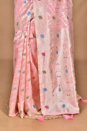 peach chanderi silk blend saree with blouse piece