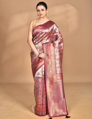 purple kanjiviram silk blend saree with blouse piece 1