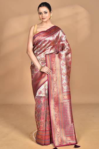 purple kanjiviram silk blend saree with blouse piece